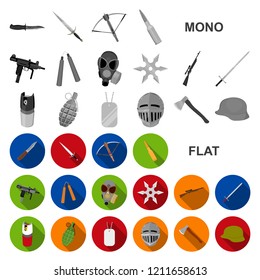Types of weapons flat icons in set collection for design.Firearms and bladed weapons vector symbol stock web illustration.
