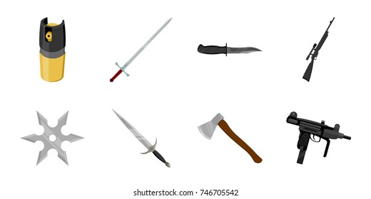 Types of weapons icons in set collection for design.Firearms and bladed weapons vector symbol stock web illustration.