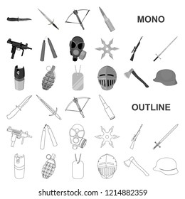 Types of weapons monochrom icons in set collection for design.Firearms and bladed weapons vector symbol stock web illustration.