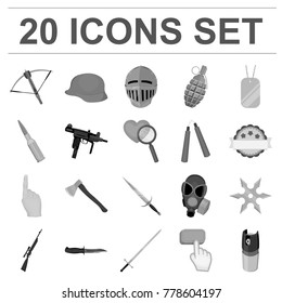 Types of weapons monochrome icons in set collection for design.Firearms and bladed weapons vector symbol stock web illustration.