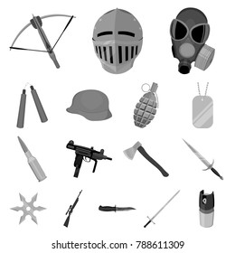 Types of weapons monochrome icons in set collection for design.Firearms and bladed weapons vector symbol stock web illustration.