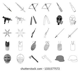 Types of weapons monochrome,outline icons in set collection for design.Firearms and bladed weapons vector symbol stock web illustration.