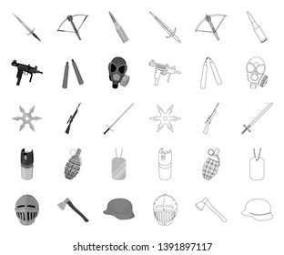 Types of weapons mono,outline icons in set collection for design.Firearms and bladed weapons vector symbol stock web illustration.