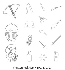 Types of weapons outline icons in set collection for design.Firearms and bladed weapons vector symbol stock web illustration.