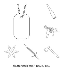 Types of weapons outline icons in set collection for design. Firearms and bladed weapons vector symbol stock web illustration.