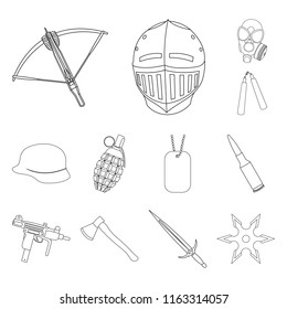 Types of weapons outline icons in set collection for design.Firearms and bladed weapons vector symbol stock web illustration.