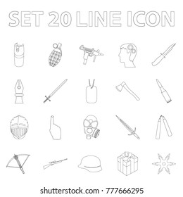 Types of weapons outline icons in set collection for design.Firearms and bladed weapons vector symbol stock web illustration.