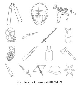 Types of weapons outline icons in set collection for design.Firearms and bladed weapons vector symbol stock web illustration.
