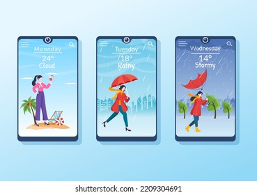 Types of Weather Conditions with Sunny, Cloudy, Windy, Rainy, Snow and Stormy in Template Hand Drawn Cartoon Flat Illustration