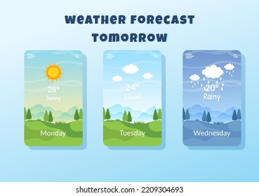 Types of Weather Conditions with Sunny, Cloudy, Windy, Rainy, Snow and Stormy in Template Hand Drawn Cartoon Flat Illustration