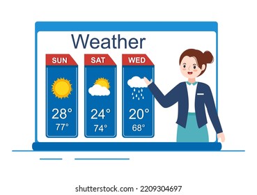 Types of Weather Conditions with Sunny, Cloudy, Windy, Rainy, Snow and Stormy in Template Hand Drawn Cartoon Flat Illustration