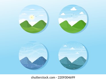Types of Weather Conditions with Sunny, Cloudy, Windy, Rainy, Snow and Stormy in Template Hand Drawn Cartoon Flat Illustration
