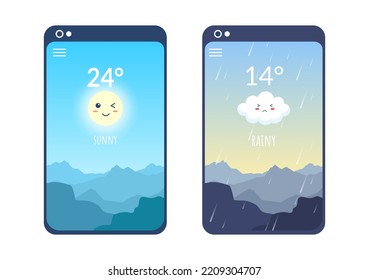 Types of Weather Conditions with Sunny, Cloudy, Windy, Rainy, Snow and Stormy in Template Hand Drawn Cartoon Flat Illustration