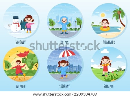 Types of Weather Conditions with Sunny, Cloudy, Windy, Rainy, Snow and Stormy in Template Hand Drawn Cartoon Flat Illustration