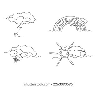 tipo de clima, tormenta, relámpago, arco iris, soleado, nublado, nevado, dibujado a mano, monolina continua, dibujando en una línea