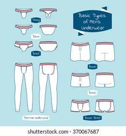 Types  of white men's underwear with names on ribbons. Set of boxer, brief, boxer-brief, Thong, bikini, thermal underwear. Vector illustration in outline style isolated on blue svg