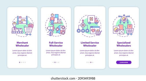 Types of wholesalers onboarding mobile app page screen. Distribution business walkthrough 5 steps graphic instructions with concepts. UI, UX, GUI vector template with linear color illustrations