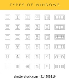 Types of windows, vector. Collection of different window icons in thin linear style. 