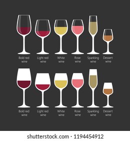 Types of wine glasses set. Colorful full wine glasses for light red, bold red, white, sparkling wine. White wine glass icons on black background.