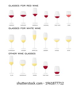Types of wine glasses. Stock vector illustration of wine glasses. Glasses for red, white, rose wine. Wine glasses stock illustration on white isolated background. Icons vector