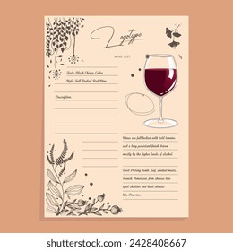 Tipos de uvas de vinificación. Pasaporte de bebidas. Carta de vinos. Menú de patrones florales escritos a mano con descripción. Menú de barra. Presentación de bebida alcohólica. Un vaso de vino.