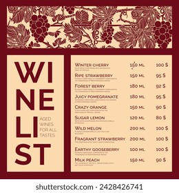 Types of wine grapes. Drink passport. Wine list.  Bar menu. Vineyard pattern. Linogravure. Social media post. Alcoholic menu in red colors. 
