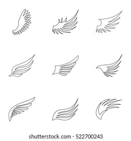 Types of wings icons set. Outline illustration of 9 types of wings vector icons for web