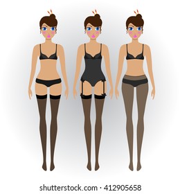 Types of woman underwear. Pretty girl in bra and panties vector illustration