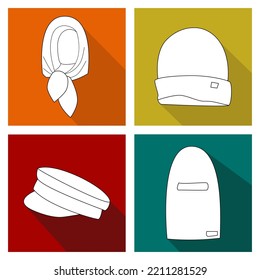 Types of women's hats. Vector illustration. Set on a colored background.