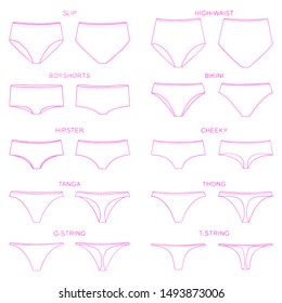 Types of women's panties. Front and behind view. Set of underwear - slip, high waist, string, thong, tanga, bikini, cheeky, hipster, boyshorts. Vector illustration