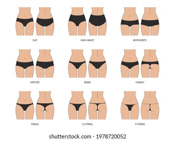Types of women's panties. Front and behind view. Set of underwear - slip, high waist, string, thong, tanga, bikini, cheeky, hipster, boyshorts. Vector illustration