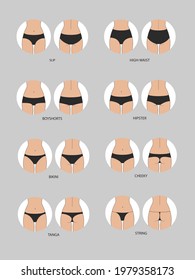 Arten von Frauenhosen. Vorder- und Hinteransicht. Set Unterwäsche - Schlupf, hohe Taille, Tong, Tanga, Bikini, Wangen, Hipster, Boyshorts. Vektorgrafik
