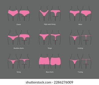 Types of women's panties. Front and behind view. Set of underwear