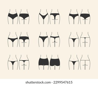 Types of women's panties. Front and behind view. Underwear set- classic, high waist thong, bikini, brazilian shorts, tanga, G-string, string, boys shorts, T-string svg