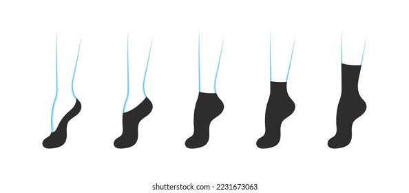 Tipos de calcetines femeninos. Se coloca con diferentes formas de calcetines. Iconos de ropa. Ilustración del vector