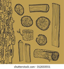 Types of wood.Drawn by hand  graphics.Vector illustration.