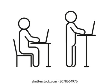 Types of work at computer while sitting and standing, ergonomic workplace. Correct body position. Protect health, posture, eyesight. Vector illustration