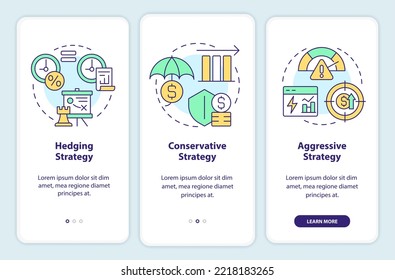 Types of working capital strategies onboarding mobile app screen. Walkthrough 3 steps editable graphic instructions with linear concepts. UI, UX, GUI template. Myriad Pro-Bold, Regular fonts used