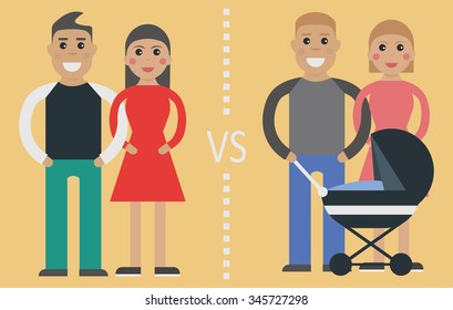 types of young family: child-free family vs family with a kid or kids