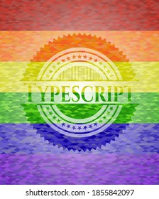 Typescript emblem on mosaic background with the colors of the LGBT flag. 