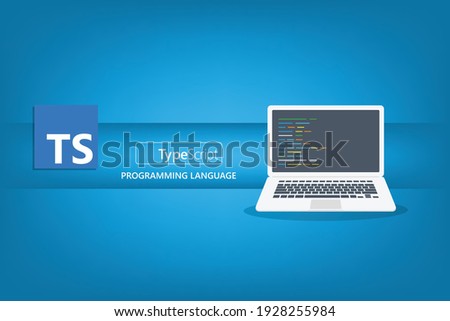 TypeScript programming language emblem with script code on laptop screen.