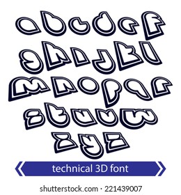 Typescript retro style, technical 3D font, contemporary shift small letters.