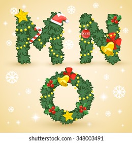 Typeset : Christmas Wreath And Ornaments : Vector Illustration