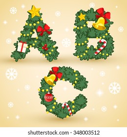 Typeset : Christmas Wreath And Ornaments : Vector Illustration