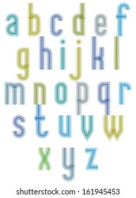 ?Echo typeset, striped retro 70s style font, trendy geometric letters vector alphabet, vintage typeface. Lowercase letters set. Vector.