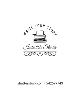 Typewriter badge. Vector illustration isolated on white background