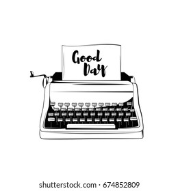 Typewriter badge. Vector illustration isolated on white background