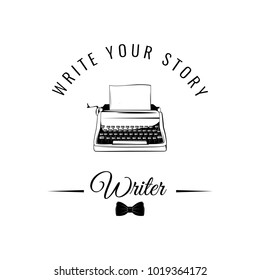 Typewriter badge. Writer logo. Tie bow. Write your story. Vector illustration isolated on white background