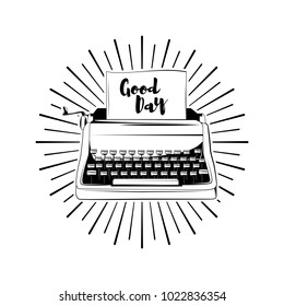 typewriter in beams with words good day icons. Vector illustration isolated on white background.