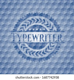 Typewriter blue badge with geometric background. Vector Illustration. Detailed.